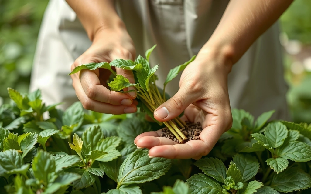 Hands carefully harvesting organic herbs from a lush garden