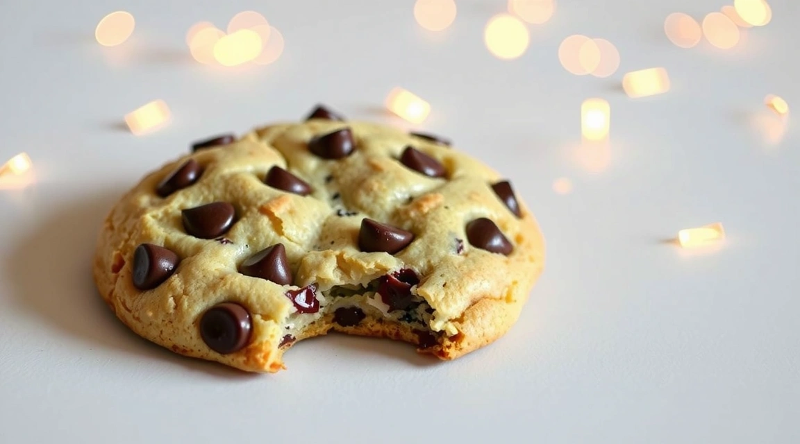 A freshly baked cookie with a bite taken out, surrounded by digital data streams, symbolizing website cookies and data