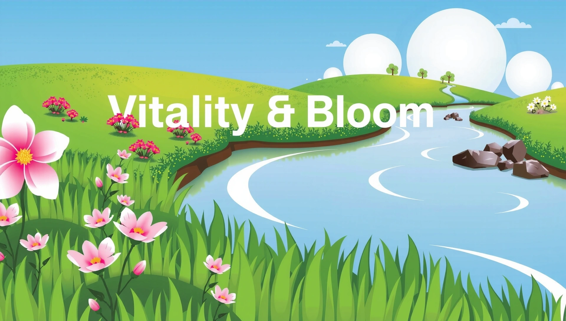 Serene natural landscape with blossoming flowers and a gentle stream