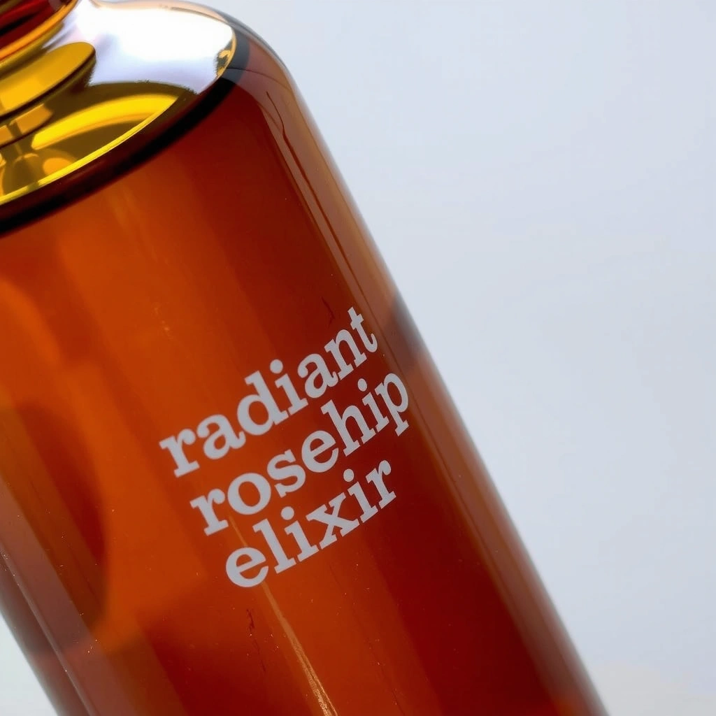 Radiant Rosehip Elixir bottle, side view, showing texture