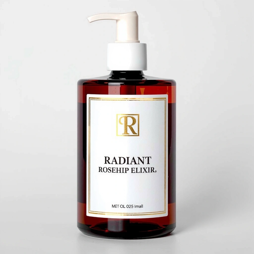 Radiant Rosehip Elixir bottle, front view, showcasing elegant label design